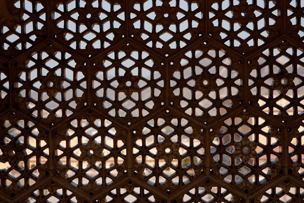 India_JanFeb_10_Jaipur_5293.jpg - Lattice in Amber Fort.  They have lattices rather than windows to allow air to flow through.