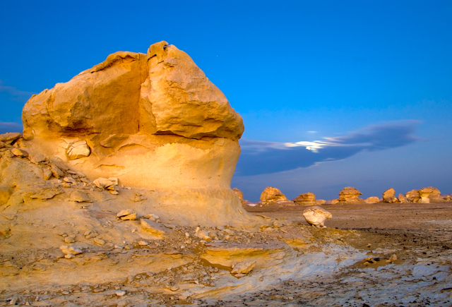 White_Desert_Sunrise_IMGP4285.jpg - Sunrise/moonset, White Desert, Egypt.  The sun is below the horizon and the moon has gone into clouds. 20x24 framed